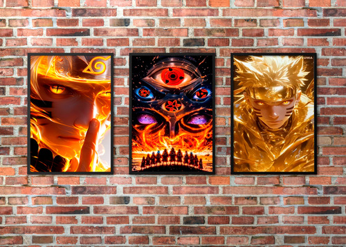 Kit 3 Quadros Decorativos Naruto Moderno Wallpaper Sala Hd Laranja
