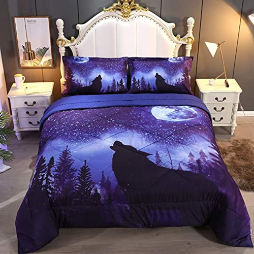 Juego De Edredón 3d Cama De Lobo Premium Para Niños Color Violeta Diseño De La Tela Estampado