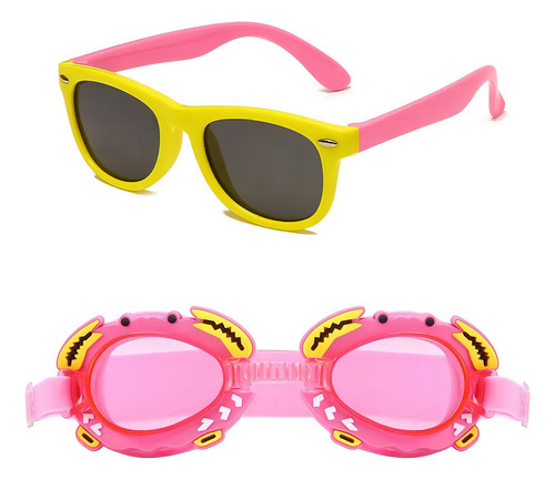 Kit Verão Animais Óculos Solar E Natação Bebê Proteção Uv Cor Rosa/amarelo
