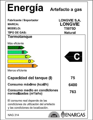 Imagen 2 de 2 de Termotanque Gas Longvie 75 L Pie Y Colgar Poliuretano T5075d