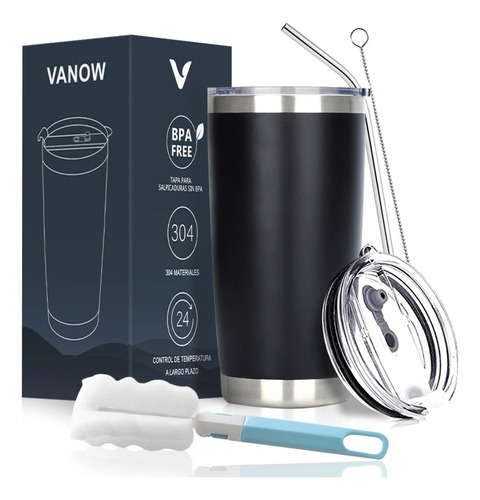 Vaso Térmico De 20oz Acero Inoxidable Con Popote Y Cepillo