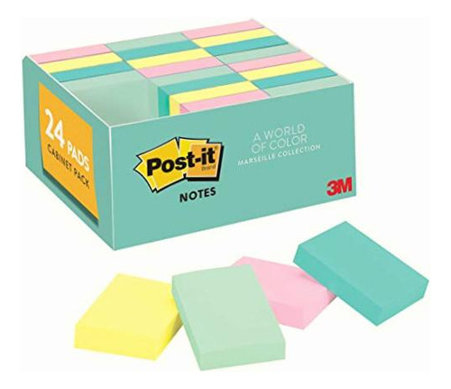 Notas Post-it, 1 3/8 X 1 7/8 Pulgadas, 24 Blocs, Las Notas A Color Fresh Mint, Aqua Splash, Sunnyside, Papaya Fizz