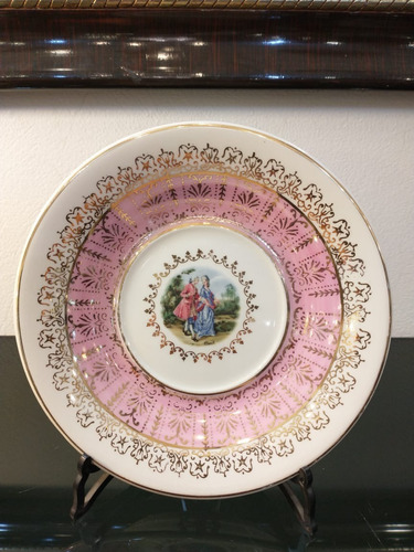 Antiguo Plato Decorativo Loza Con Escena Romántica Rosa