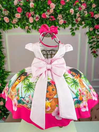 Vestido Temático Infantil Moana Baby Rosa De Luxo 1 A 4 Anos