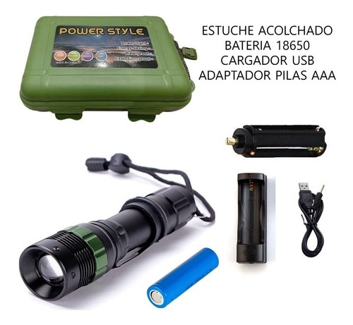 Imagen 4 de 10 de Linterna Recargable Tactica Militar Led T6 Potente Zoom Usb