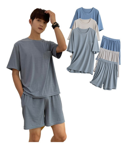 Pijama Cortos Seda De Hielo Cómodo Para Hombre 2 Piezas