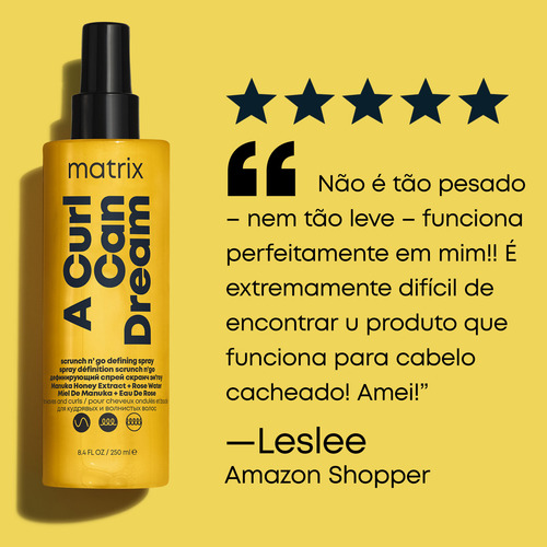 Matrix, Scrunch N'go, A Curl Can Dream, Modelador de Cachos em Spray, para cabelos texturizados, Ondulados e Cacheados, Anti-frizz, Modelador De Cachos, Day After, Protetor Térmico, Brilho, 250ml