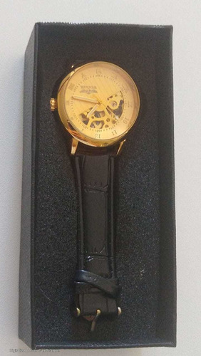 Relógio Automático De Luxo Masculino Couro Dourado + Brinde