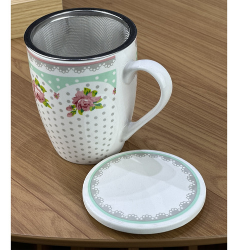 Caneca De Porcelana C/tampa E Filtro 310ml Chá Café Amelia