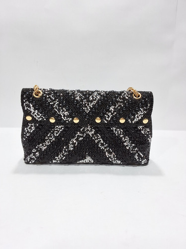 Bolsa De Festa Com Alça Tiracolo Regulável Preto E Prata Miçangas Dourado Dourada