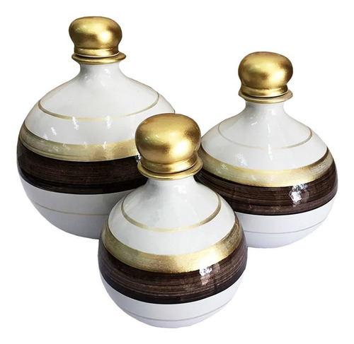 Trio Vasos Shalom Em Cerâmica De Sala Decorativos Gold Brown