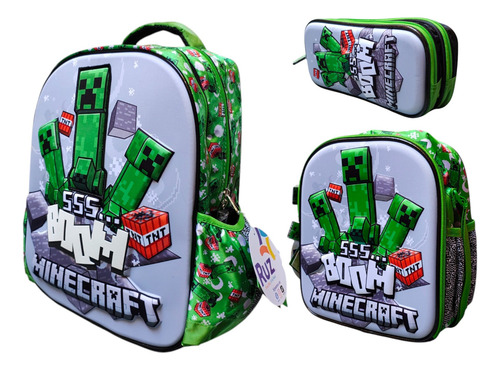 Kit Mochila Lonchera Lapicera Minecraft Creeper Ss Boom Ruz Verde Impresion 3d