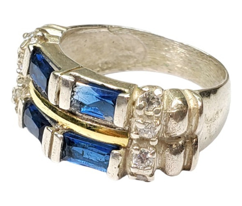 Anillo Plata Y Oro Piedra Azul Y Cubic