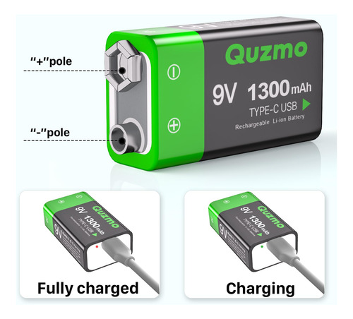 Baterías Recargables De 9v 1300mah Con Carga Usb-c Paquete 4