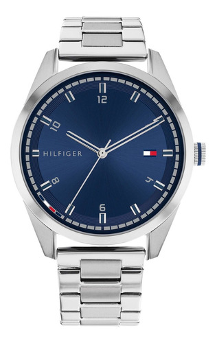 Reloj Tommy Hilfiger Para Hombre De Acero 1710455 Ss Malla Plateado Bisel Plateado Fondo Azul