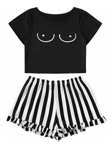 Conjunto De Pijama Short Y Polera Color Blanco Y Negro