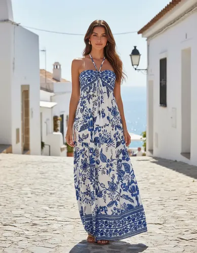 Vestido Maxi Estilo Boho Floral Halterneck Feminino