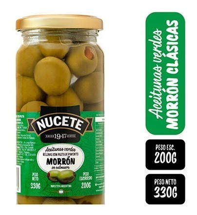 Imagen 2 de 3 de Combo Aceitunas Verdes Rellenas De Morron Nucete 330 Gr X 3