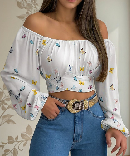 Top Corto Fruncido Con Hombros Descubiertos For Mujer