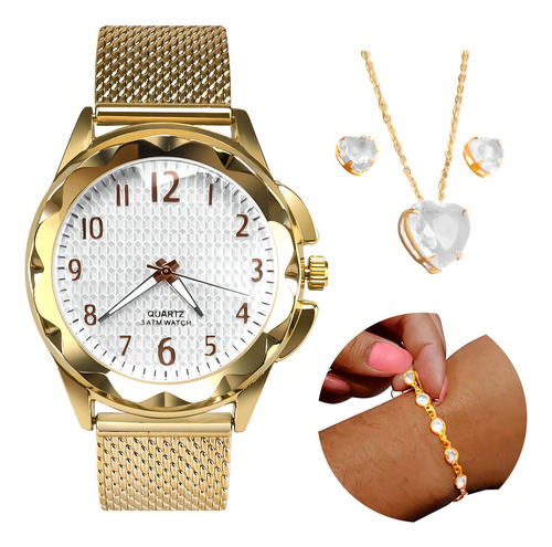 Relogio Feminino Prova Dagua Pulseira Colar Dourado Coração