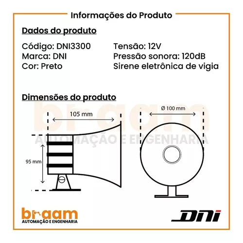 Sirene Alarme Guarda Noturno 12v Vigia Moto Som Alto Preta - DNI