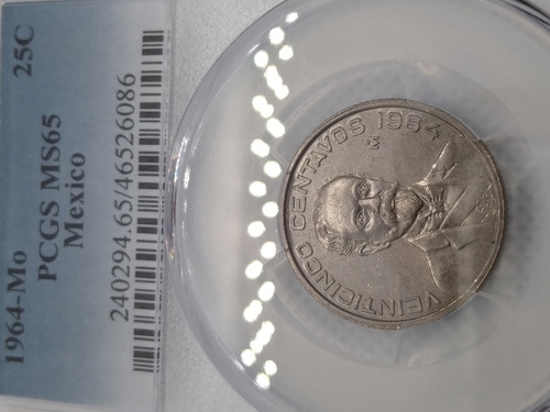 Antigua Moneda México 25c Año1964 Certificada Sin Circular