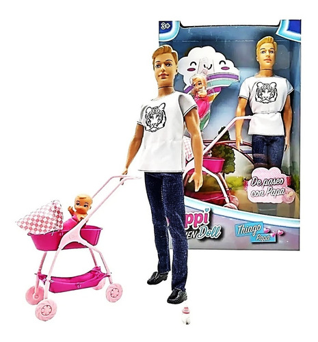 Imagen 1 de 4 de Muñeco Thiago Papa + Bebe Cochecito Paseo Poppi Men Doll