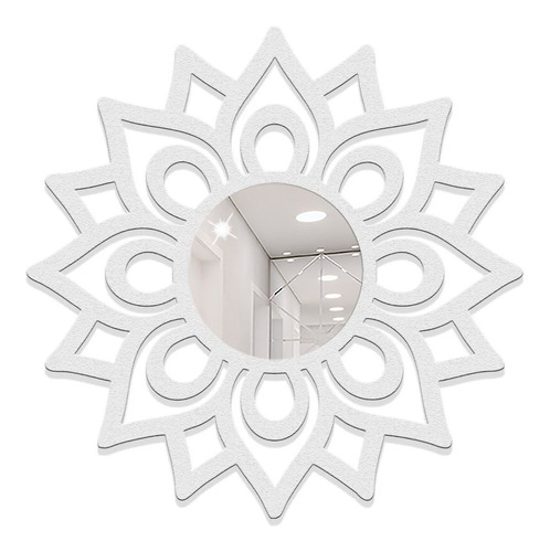 Mandala Branca Florada Com Espelho Decorativo - 40cm 