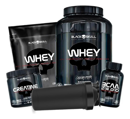 Whey Protein 900g Refil / Pote + Bcaa + Creatina Black Skull Sabor Morango