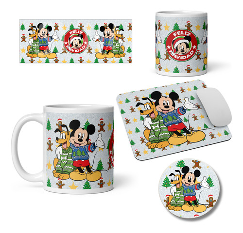 Taza Mouse Pad Y Posavaso Mickey Y Pluto Feliz Navidad Md4