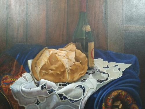 Oleo. Naturaleza Muerta. Pan Y Vino (Usado)