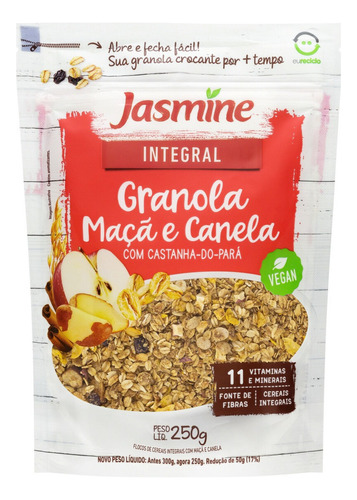 Granola Jasmine Integral maçã e canela sem glúten em pouch 250 g