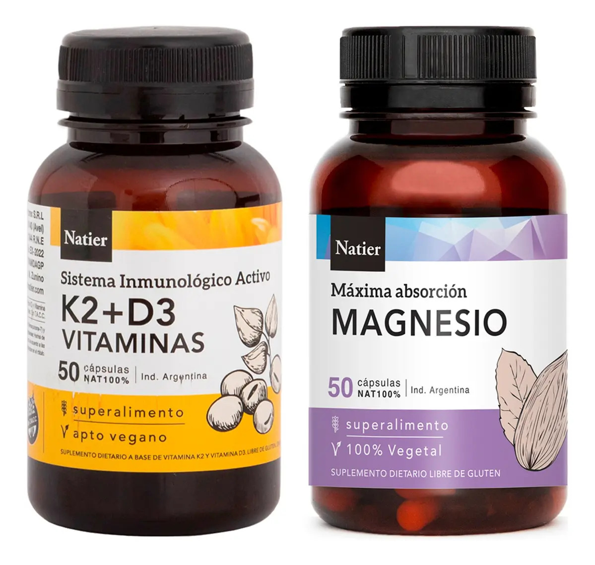 Suplemento Vegano K2 + D3 Magnesio Natier en Cápsulas