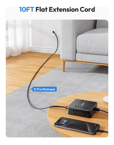 Cable De Extensión Negro Con 8 Salidas Y 3 Puertos Usb