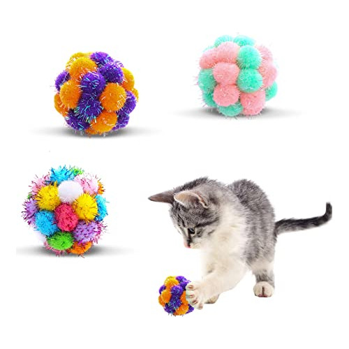 Tusatiy Cat Toys Balls Con Bells 3pcs, Color Cat Pom Pom Bal