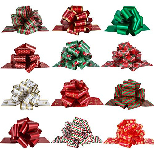 12pcs Christmas Gift Bows, 5 Xmas Wrap Pull Bows Wit...