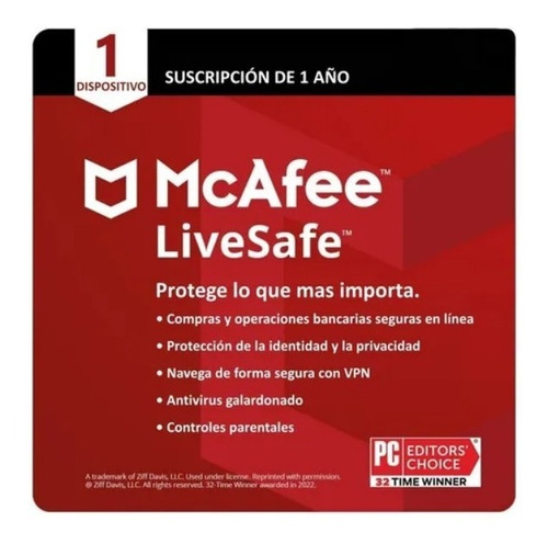 Antivirus Mcafee Livesafe 1 Dispositivo 1 Año Original*