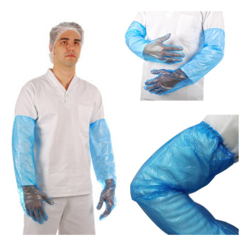 Luva Longa Plástica Azul Com Elástico Cano Longo 500und