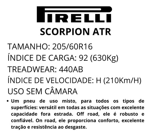 Kit 2 Pneu 205/60r16 Scorpion Atr Pirelli 92h Aro 16