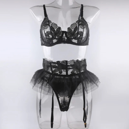 Conjunto De Sujetador De Encaje Con Minifalda, Lencería Sexy