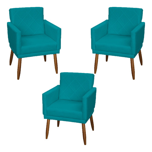 Kit 3 Poltronas Decorativas Para Recepção Consultório Cores Cor Azul-turquesa Desenho Do Tecido Suede Liso