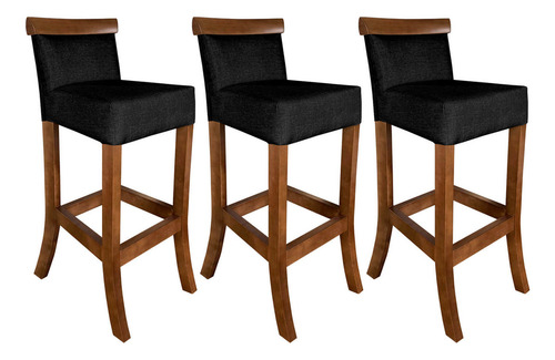 Jogo Com 3 Cadeira Para Bancada Banco Alto De Madeira Bar Acabamento Da Estrutura Verniz Cor Verniz | Preto | 75cm