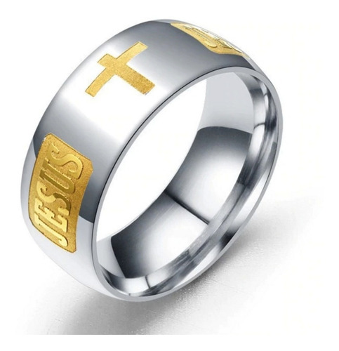 Anel Cruz Jesus Prata Com Dourado Masculino Feminino Unissex