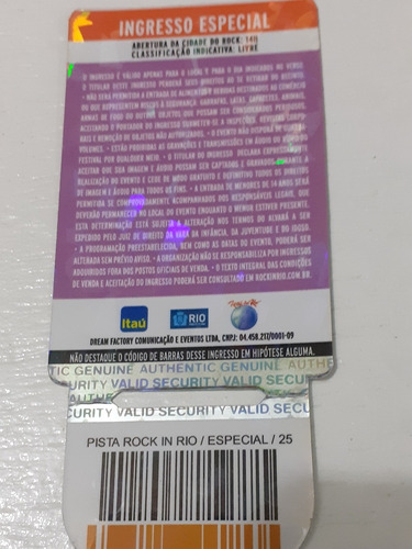 Ingresso Rock In Rio 2011- Sem Uso Intacto