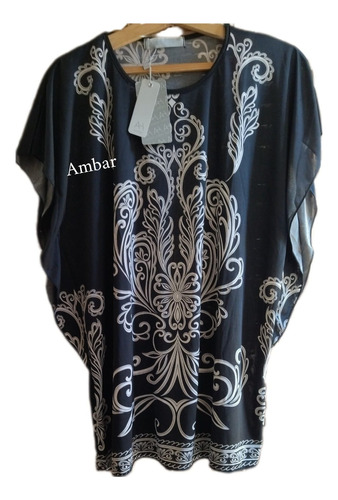 Blusa Amy & H Seda Fría Azul O Negra Con Arabescos Blancos