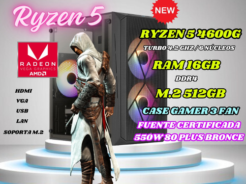 Cpu Ryzen 5 4600g 16gb M.2 512gb. Case Gamer 3 Fan 80 Plus 