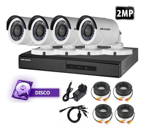 Imagen 1 de 6 de Kit 4 Camaras 2mpx + Dvr Hikvision 8 Ch Full Hd Lite + Disco