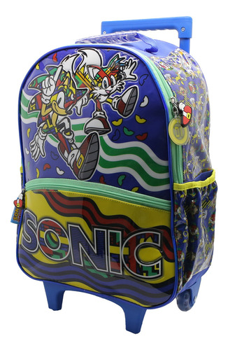 Mochila Escolar Cresko Sonic Sega 16p Carrito Rueditas Color Multicolor