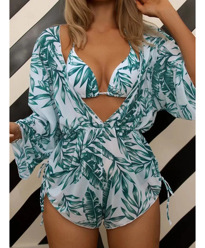 Conjunto De Kimono Y Bikini Floral Para Mujer