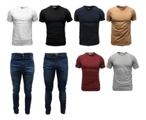 Comprar Combo Ropa Hombre Jeans Azul Negro Y Remeras Lisas Algodón
